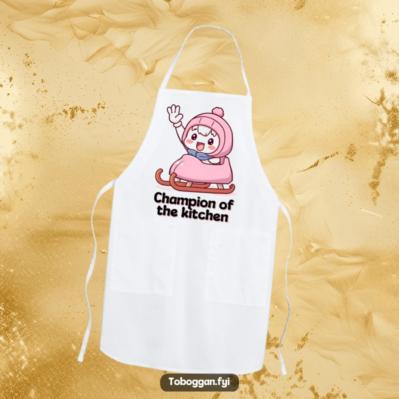Funny apron with a character victoriously waving from a sled, adding a touch of cheerful fun to cooking tasks.