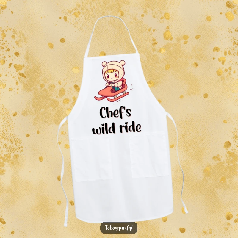 Funny apron showing a character comically steering a toboggan with exaggerated motions, bringing humor to the kitchen.