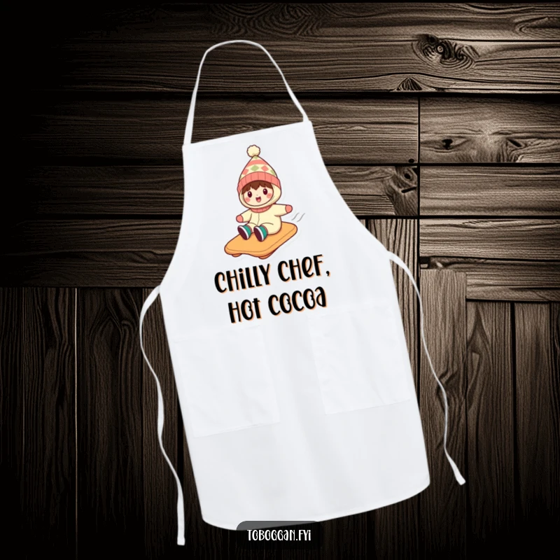 Funny apron showing a character in a silly hat, having an exciting toboggan adventure while wearing kitchen attire.
