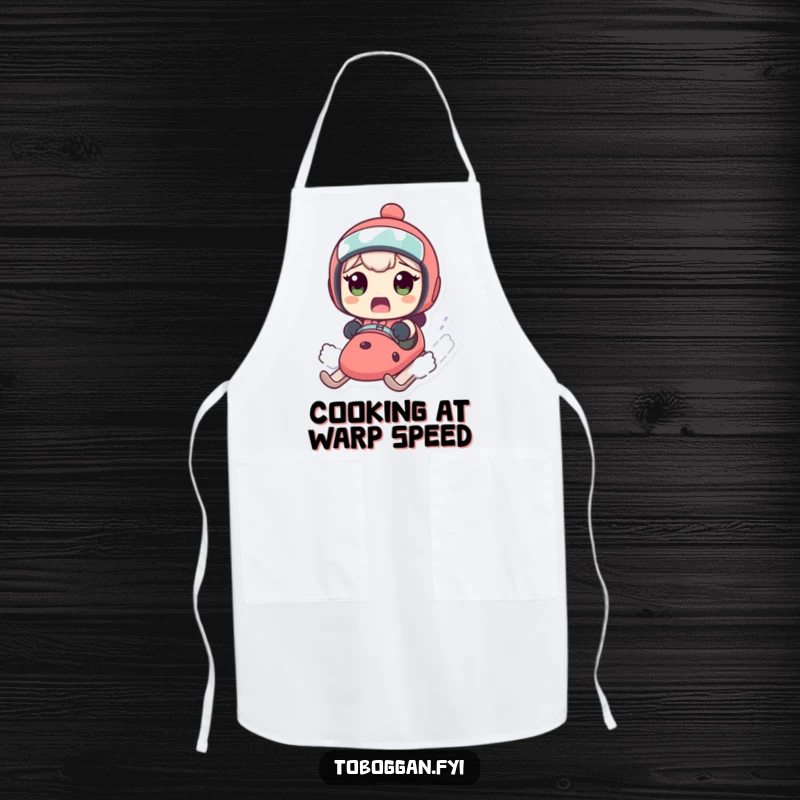Funny apron showcasing a character's surprised expression on a fast sled, perfect for humorous kitchen antics.