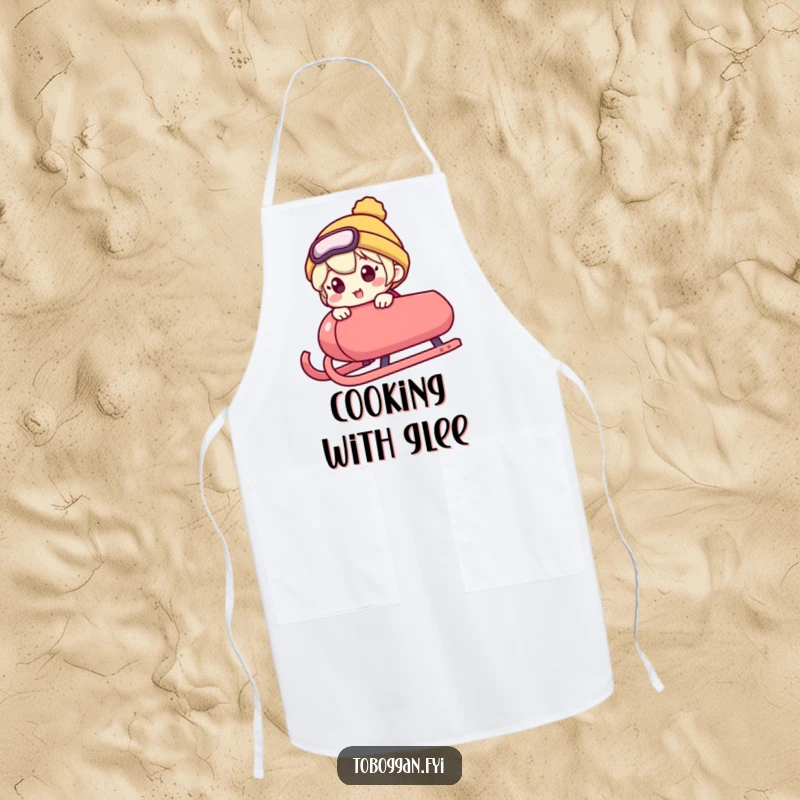 Funny apron displays a character peeking excitedly over a sled's edge, humorously relating to the eager anticipation of cooking.