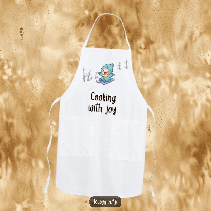 Funny character laughing gleefully while sledding down a snowy slope, a humorous and functional apron for cooking.