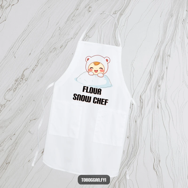 Funny Apron: Giggling character with rosy cheeks playfully falls into a soft snowdrift, ready for kitchen fun.