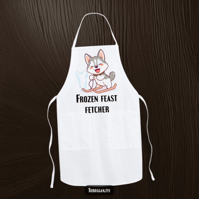 Funny apron featuring a happy husky comically pulling a giant icicle like a sled, for kitchen humor.