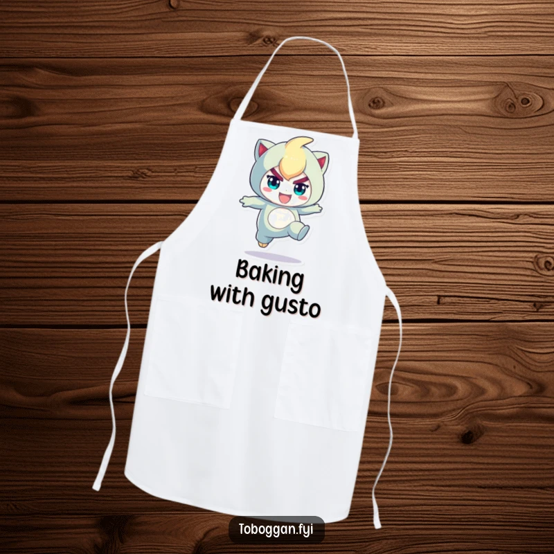 Funny apron with a character in a determined, playful jump, perfect for adding humorous energy to kitchen activities.