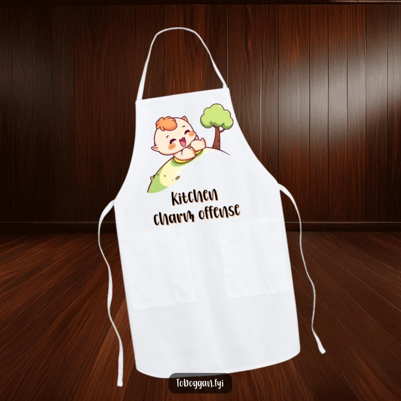 Funny sledding apron showing a character sliding downhill with a cheeky wink, ideal for a playful cooking experience.