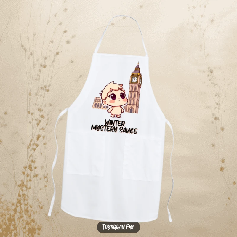 Funny apron showing a curious character on a toboggan, looking up at snowflakes, adding humor to kitchen activities.