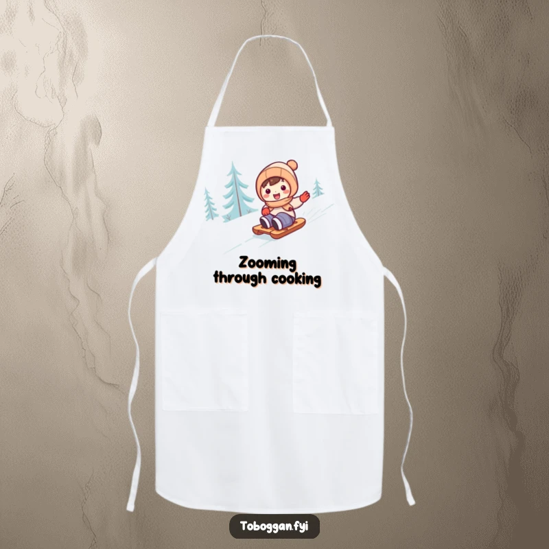 Funny cute character sledding with excitement on an apron, ideal for kitchen fun.
