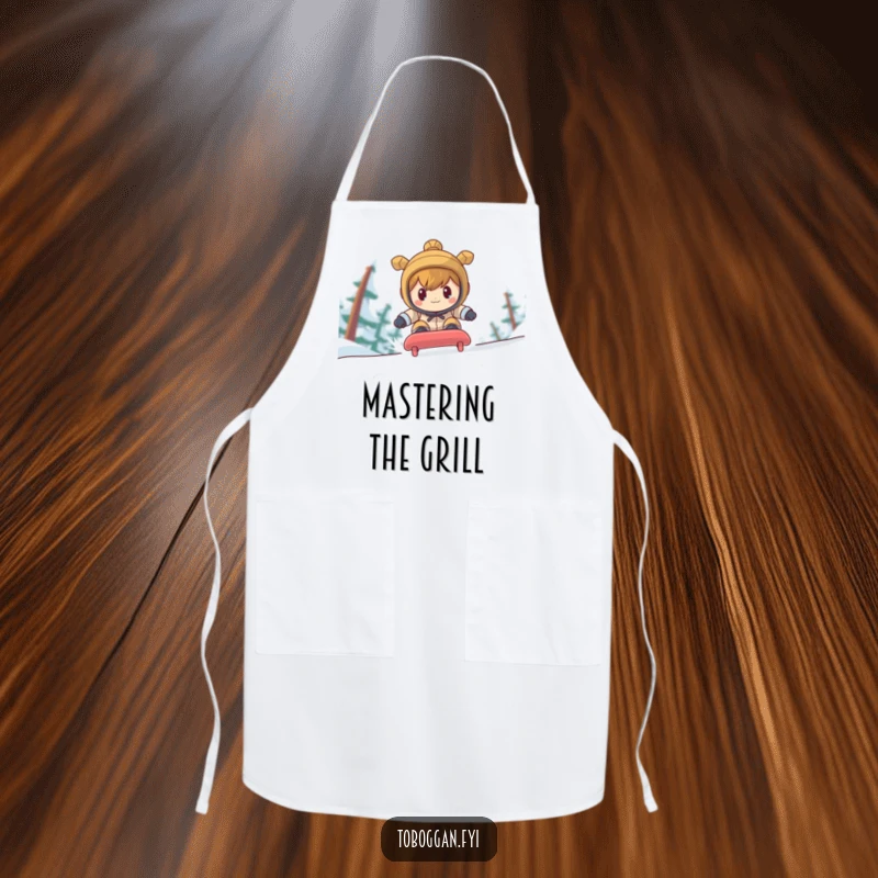 Funny character racing down a steep toboggan run with intense focus, featured on a humorous kitchen apron.