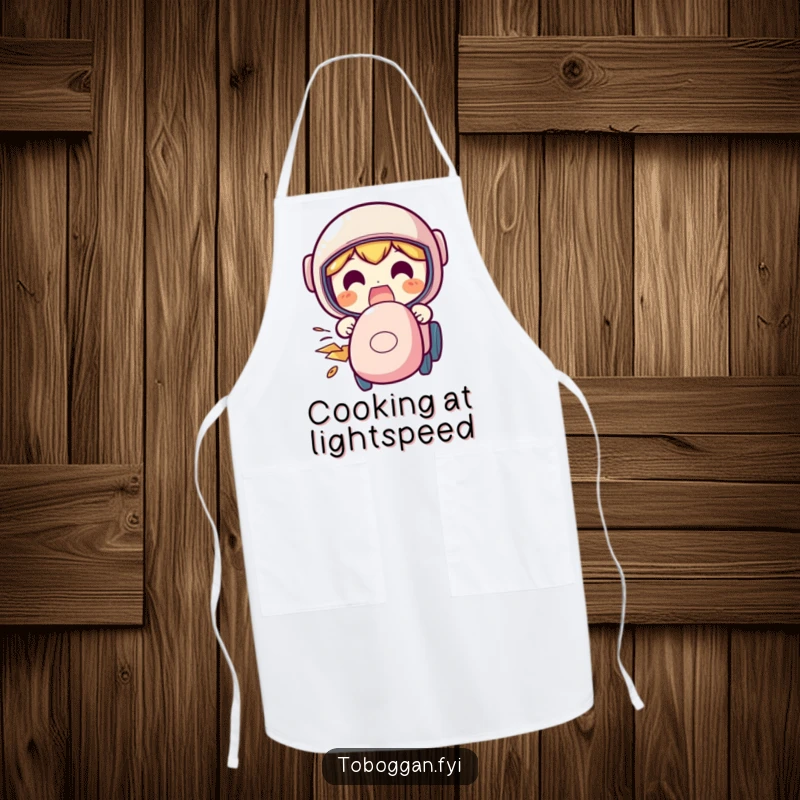 Funny speeding apron showing a character with a funny, excited face while speeding, ideal for kitchen adventures.