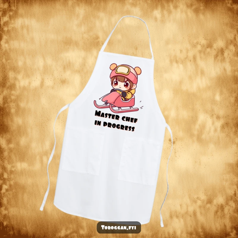 Funny character with exaggerated concentration steering a sled, a humorous and functional apron for culinary precision.