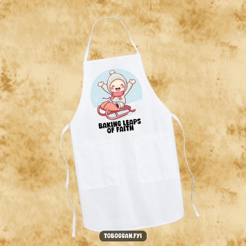 Funny apron showing a cute character with rosy cheeks joyfully jumping from a sled, bringing humor to the kitchen.