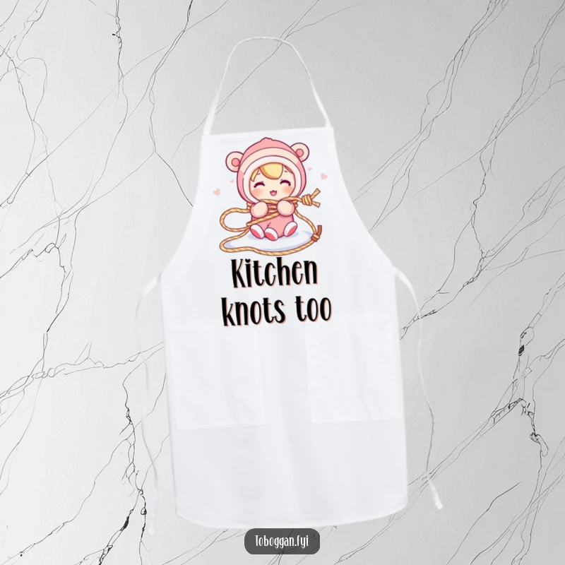 Funny apron displays a character comically tangled in a sled rope, humorously relating to the potential for mishaps in the kitchen.