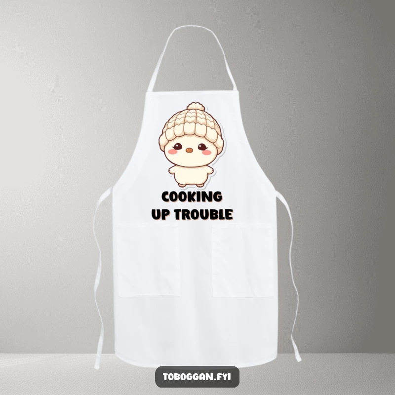Funny apron featuring a character with a tiny wool hat and a mischievous grin, adding humorous charm to kitchen tasks.