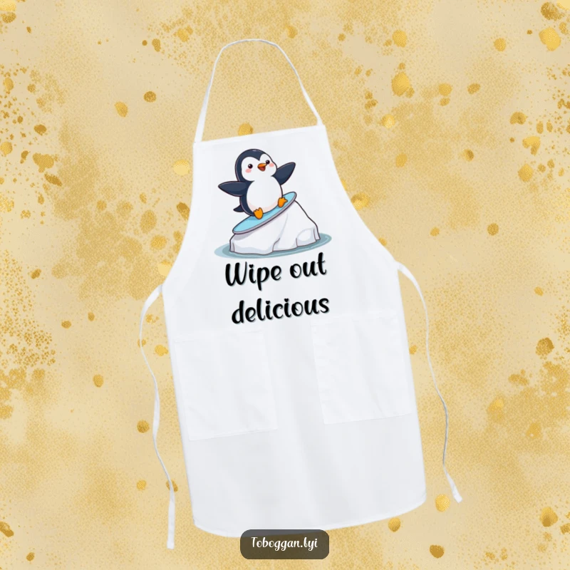 Funny playful penguin surfing on an iceberg on an apron, ideal for chefs who enjoy humorous and sea-themed kitchenware.