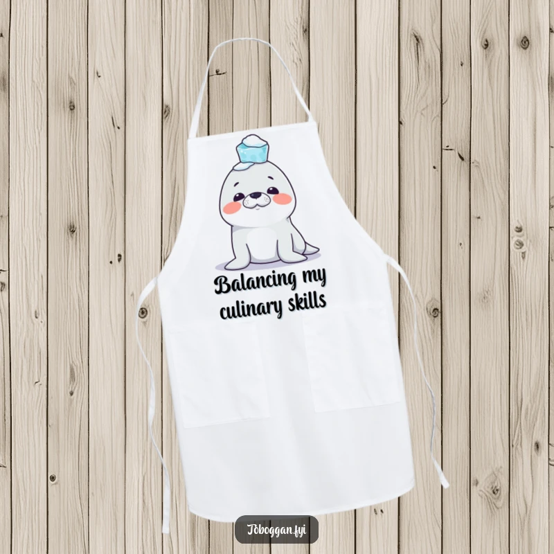 Funny Seal Apron: A mischievous seal character attempts to balance icicles on its nose, bringing playful arctic humor to kitchen tasks.