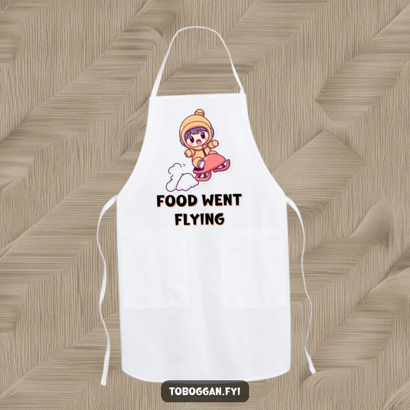 Funny apron with a character looking shocked as their sled flies over a small bump, bringing surprise and humor to the kitchen.