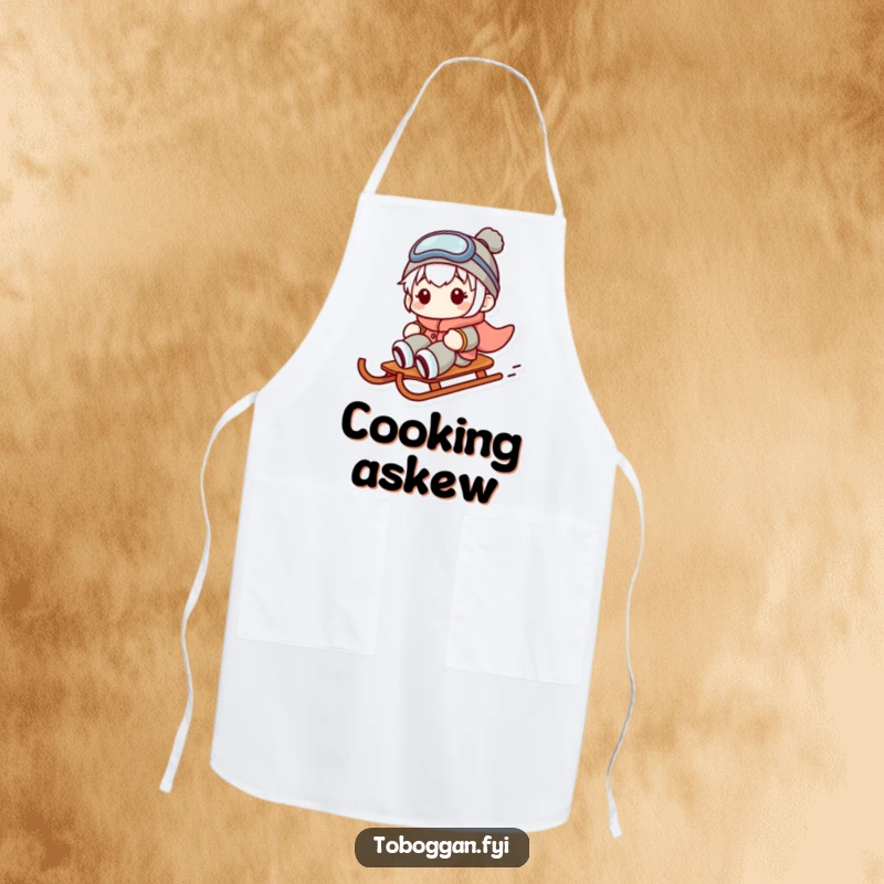 Funny apron illustrating a character sliding sideways on a sled with a comical expression, ideal for kitchen protection and humor.
