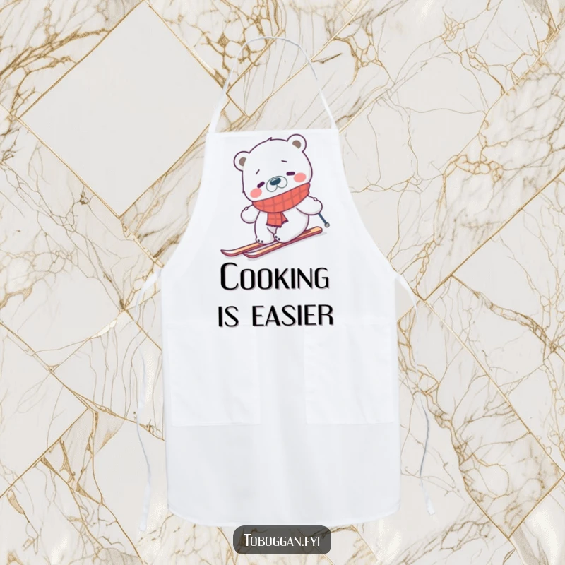 Funny confused polar bear wearing a scarf, attempting to ski uphill on an apron, ideal for chefs who enjoy humorous kitchenware.