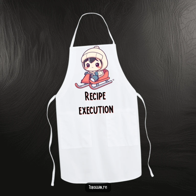 Funny apron showing a character steering a sled with exaggerated concentration, a humorous and practical kitchen accessory.