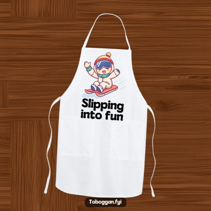 Funny apron showing a character joyfully waving while sledding downhill, bringing humor and playful energy to cooking tasks.