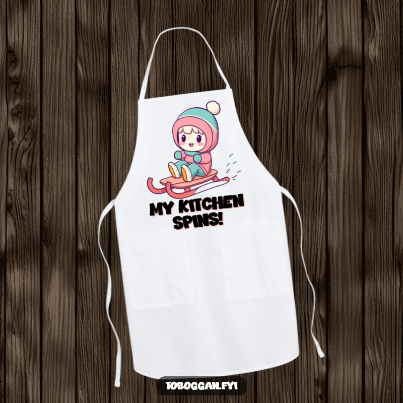 Funny apron with a character performing a funny spin on a sled, perfect for adding humor to the kitchen.