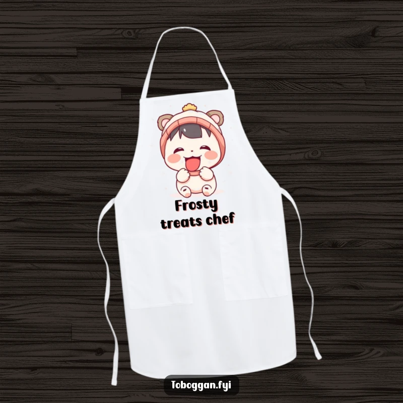 Funny apron design with a character having a blast catching snowflakes on its tongue during winter.