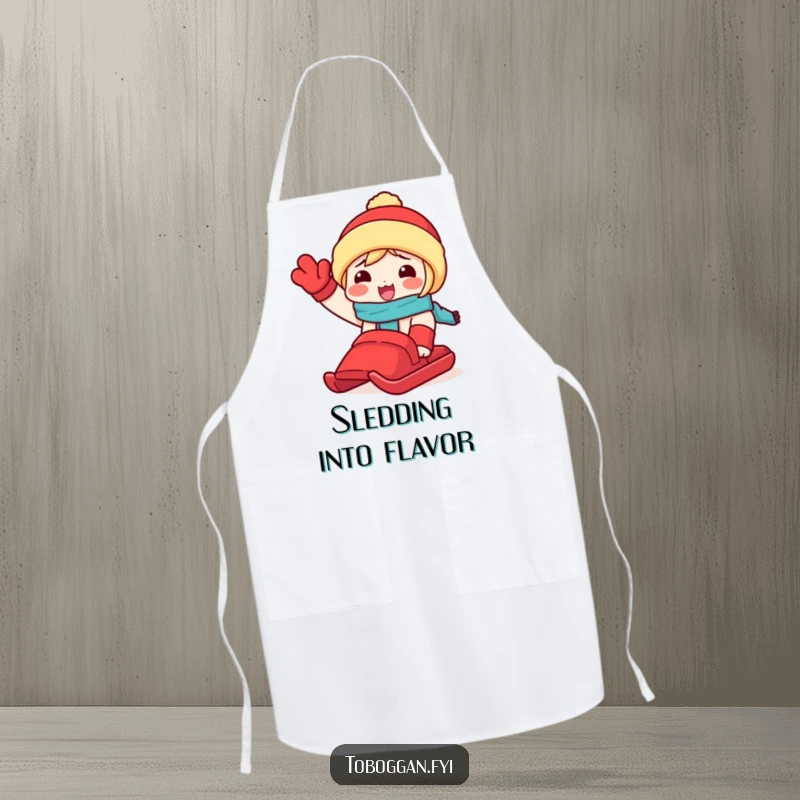 Funny apron with a character excitedly waving a red toboggan, perfect for adding humorous winter cheer to kitchen activities.