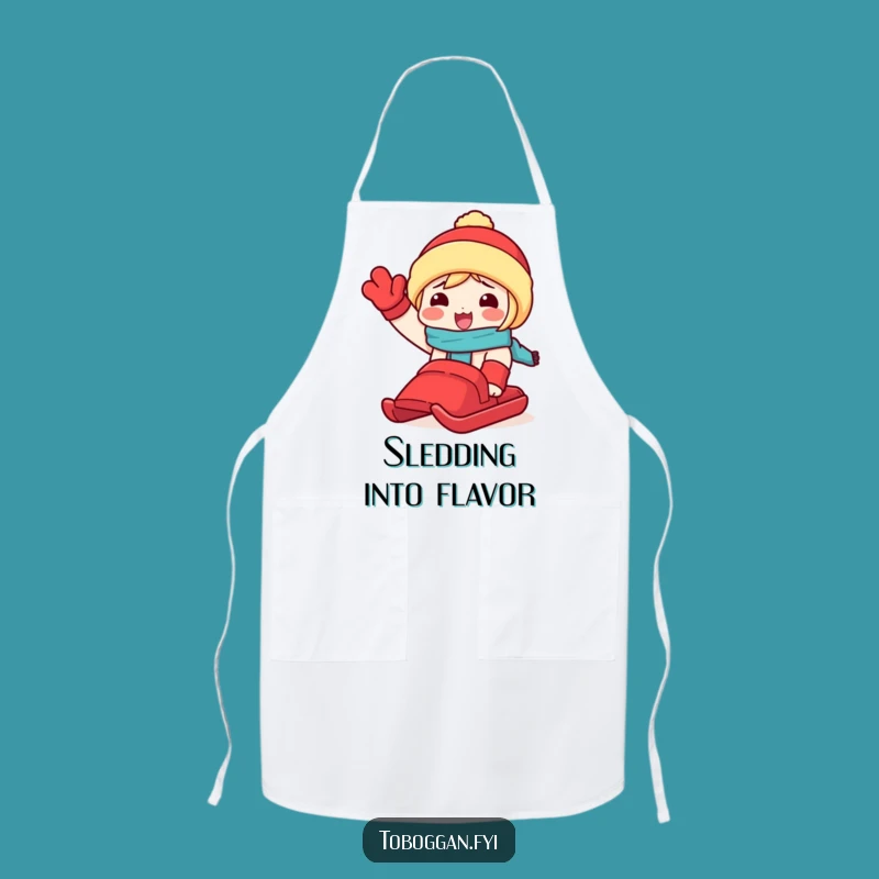 Funny Snow Day Apron: Waving Toboggan Fun, Kitchen Accessory Gift!