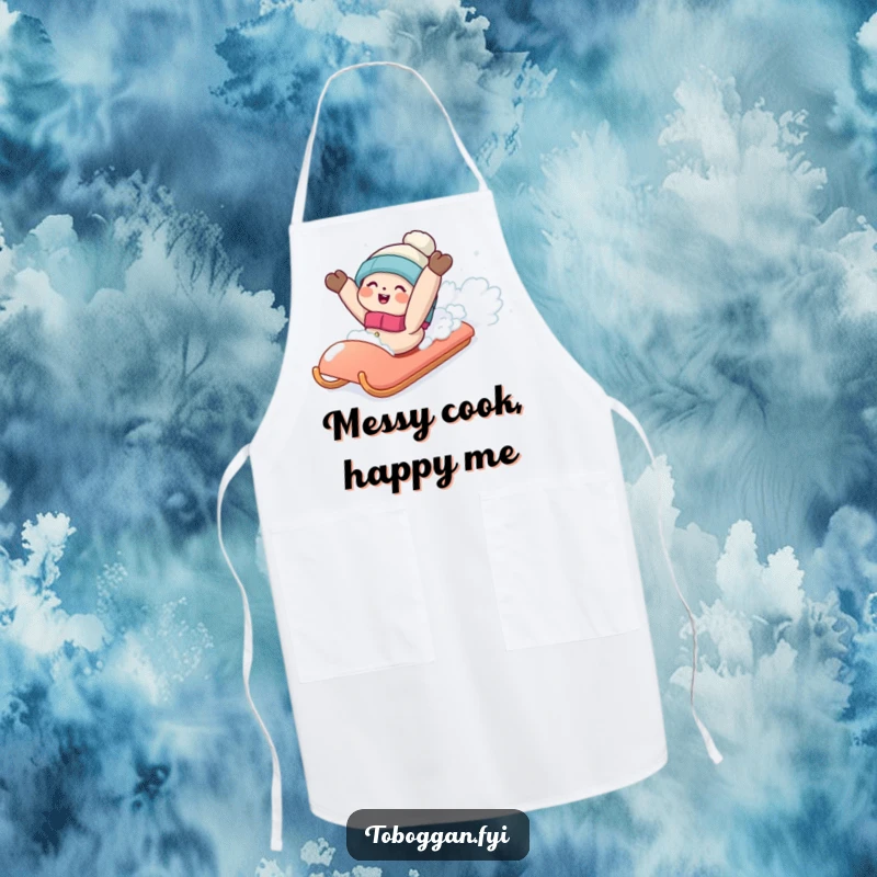 Funny apron with a character playfully tumbling backwards off a sled into soft snow, adding humor to kitchen tasks.