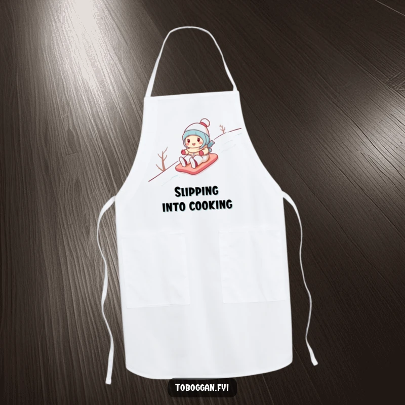 Funny apron featuring a cute cartoon character gleefully sliding down a snowy hill, adding humor to kitchen duties.