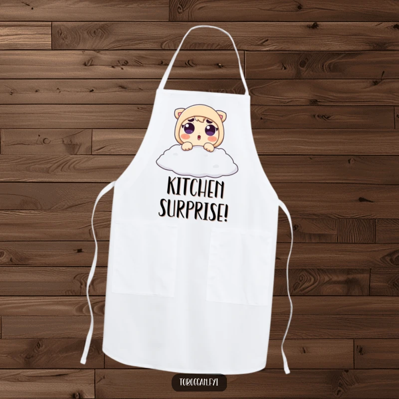 Funny Apron: Surprised character with raised eyebrows lands softly in a snowdrift, ready for kitchen fun.