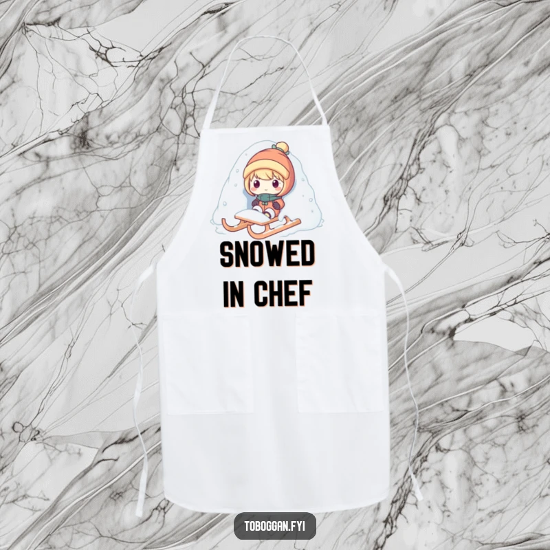 Funny snow surprise apron featuring a character popping out from snow on a sled, adding winter fun to kitchen activities.
