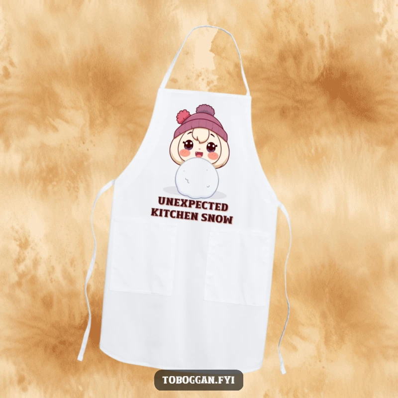 Funny apron design of a character with a comically surprised face, caught by a snowball.