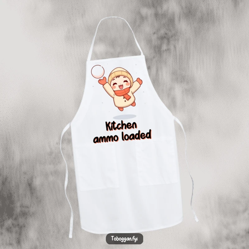 Funny apron featuring a small cartoon character joyfully throwing a snowball mid-flight, perfect for adding humor to cooking.