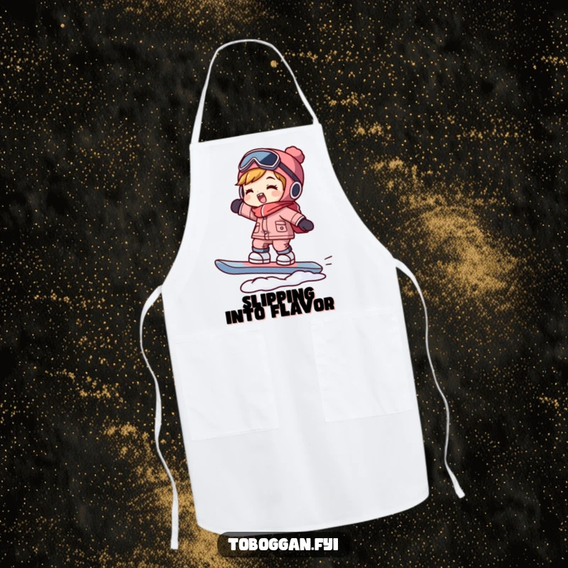 Funny snowboarder apron depicting a character balancing on a snowboard, ready to tackle kitchen duties with humorous flair.
