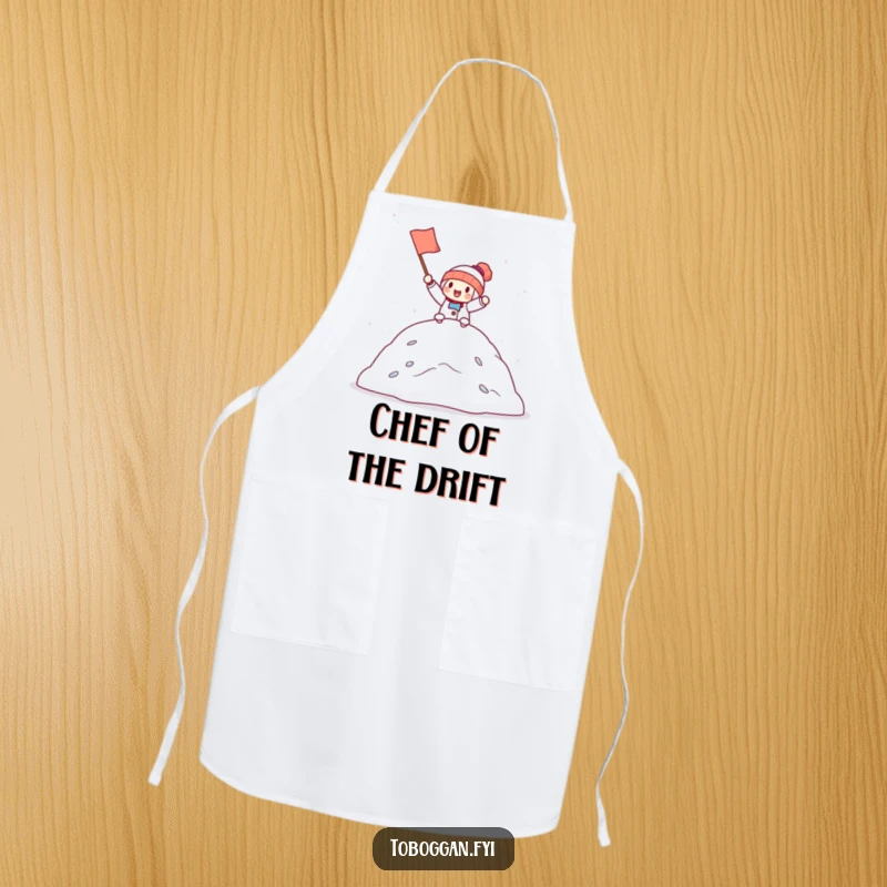 Funny apron with a character holding a small flag, cheering from the top of a snowdrift, bringing a spirit of celebration to the kitchen.