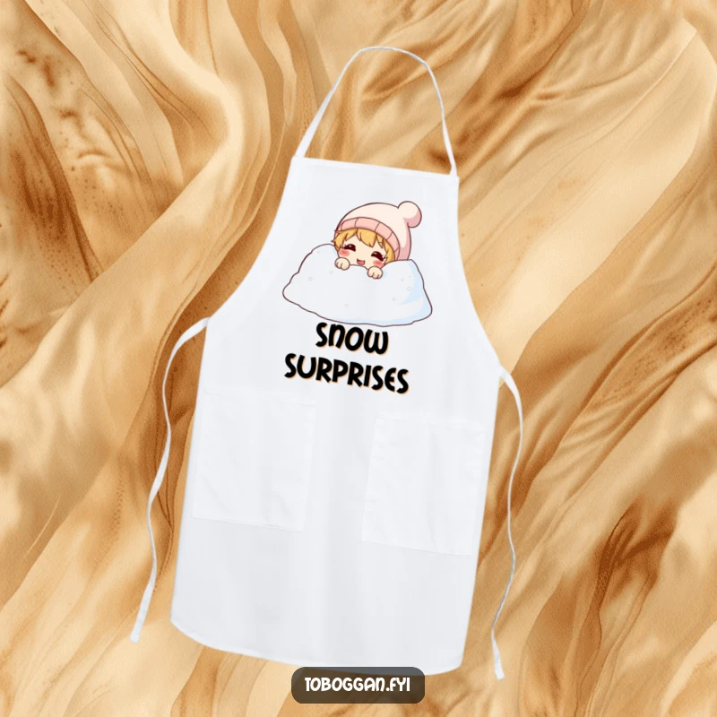 Funny apron showing a character peeking with a giggle from a snowdrift, perfect for adding humor to cooking.
