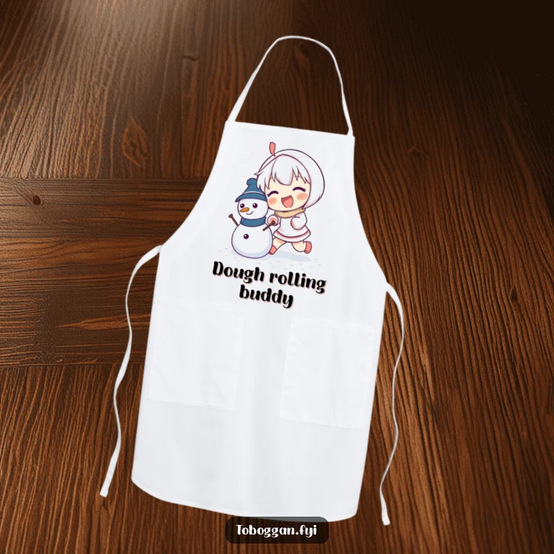 Funny apron design of an enthusiastic character pushing a cute, small snowman.