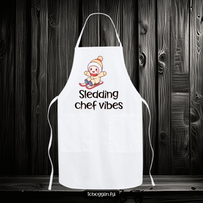 Funny apron depicting a cute character joyfully zooming down a snowy hill, adding humor to kitchen chores.