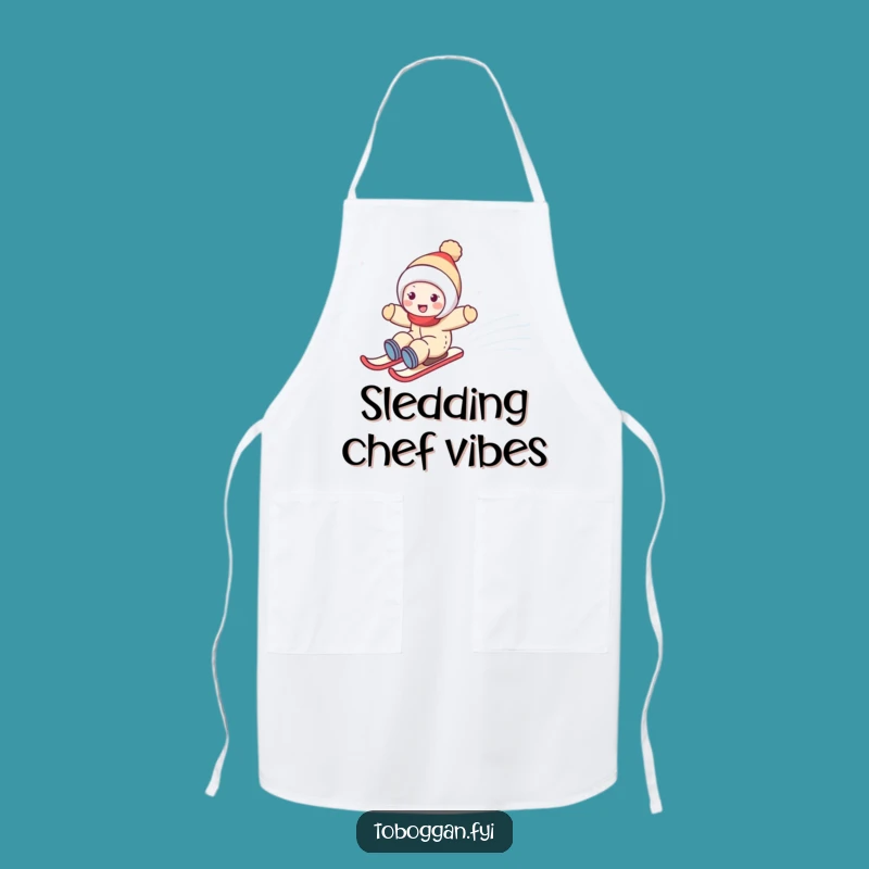 Funny Snowy Hill Zoom Apron: Joyful Character Sledding Kitchen Fun