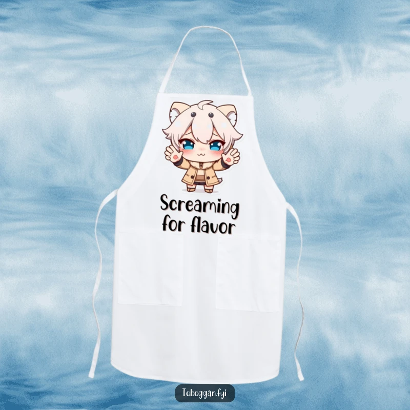 Funny apron with a character making a funny face while trying to stop, perfect for adding humorous flair to kitchen activities.