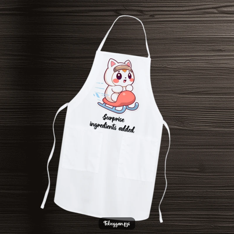 Funny apron with a character looking surprised as their sled spins quickly, a functional and humorous funny gift.