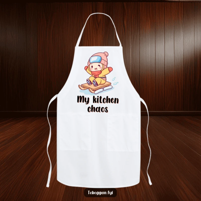 Funny apron illustrating a character performing a silly trick on a toboggan, ideal for kitchen fun and protecting clothes.