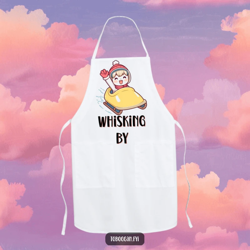 Funny apron showing a character waving energetically from a speeding toboggan, a humorous and practical kitchen accessory.