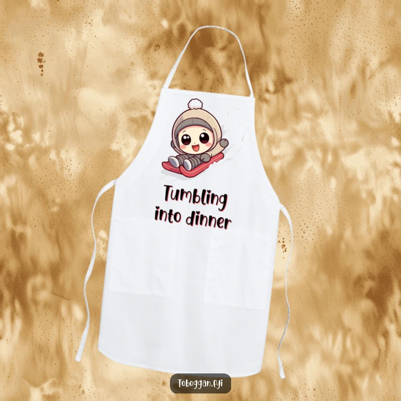 Funny character with wide, happy eyes hilariously tumbling down a sledding slope on an apron.