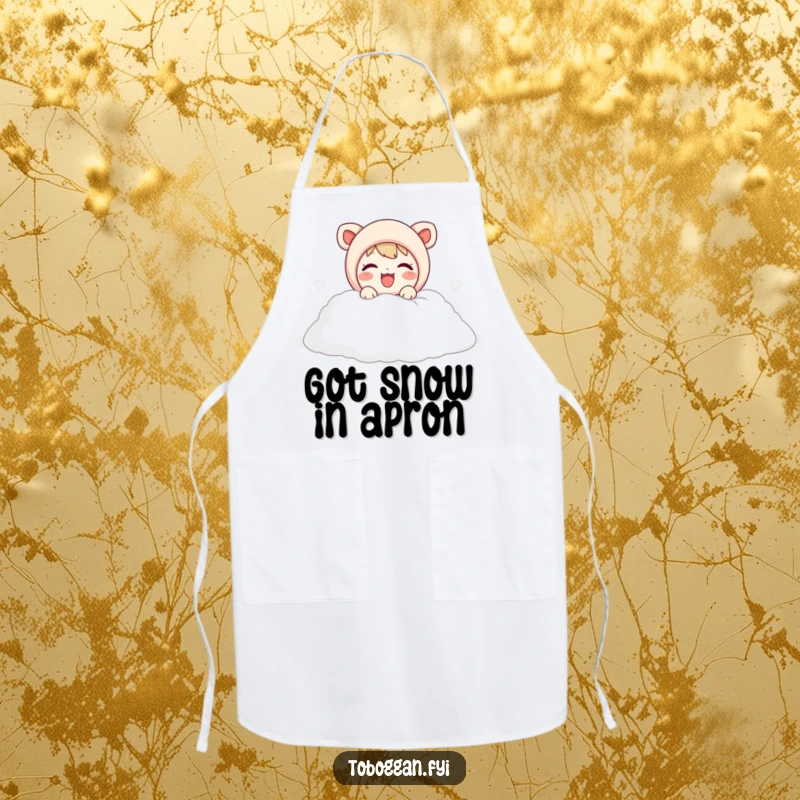 Funny apron with a cute character joyfully emerging from a snow pile, ready for hilarious winter kitchen activities.