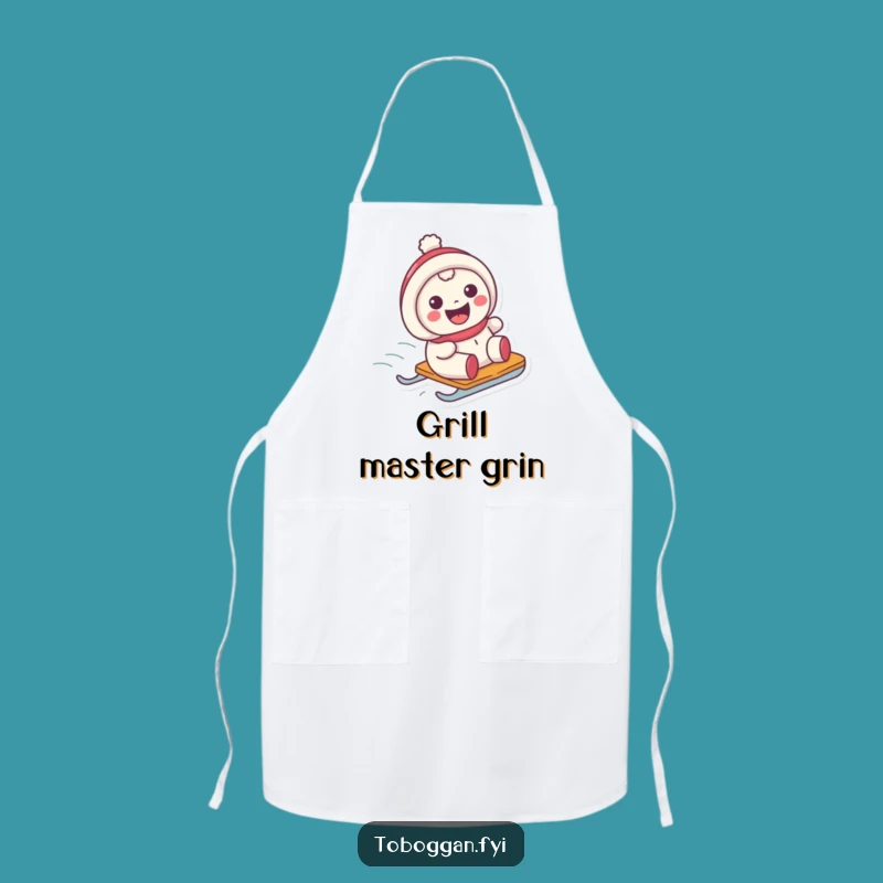 Funny Grinning Sledder Apron: Happy Character Sliding Kitchen Fun