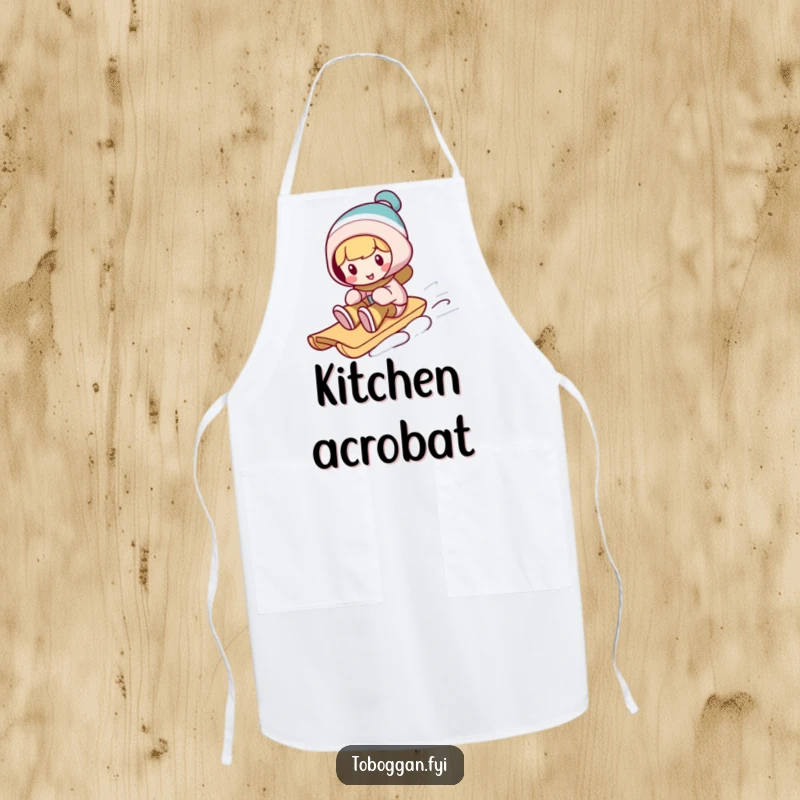 Funny toboggan apron, a character performs a silly trick on a sled, bringing playful winter cheer to the kitchen.
