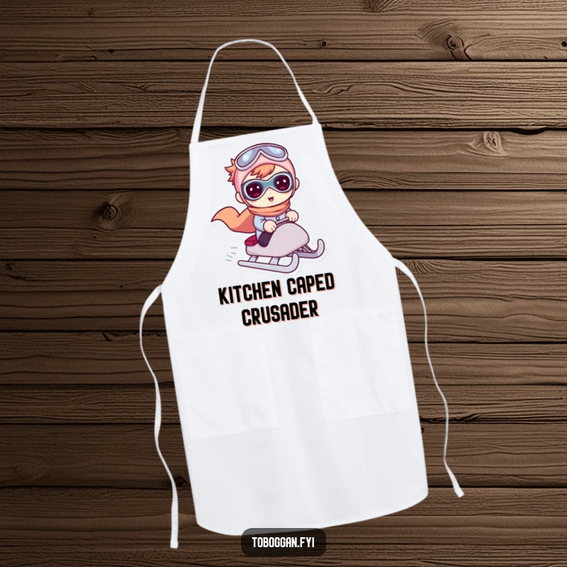 Funny apron with a cute character pretending to be a superhero while riding a sled, ready for hilarious kitchen missions.